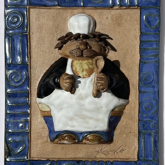 Vintage Art Tile – Signed – Plump Chef Cook w/ Mustache, Spatula, Hat – NICE 3D - Picture 4 of 8